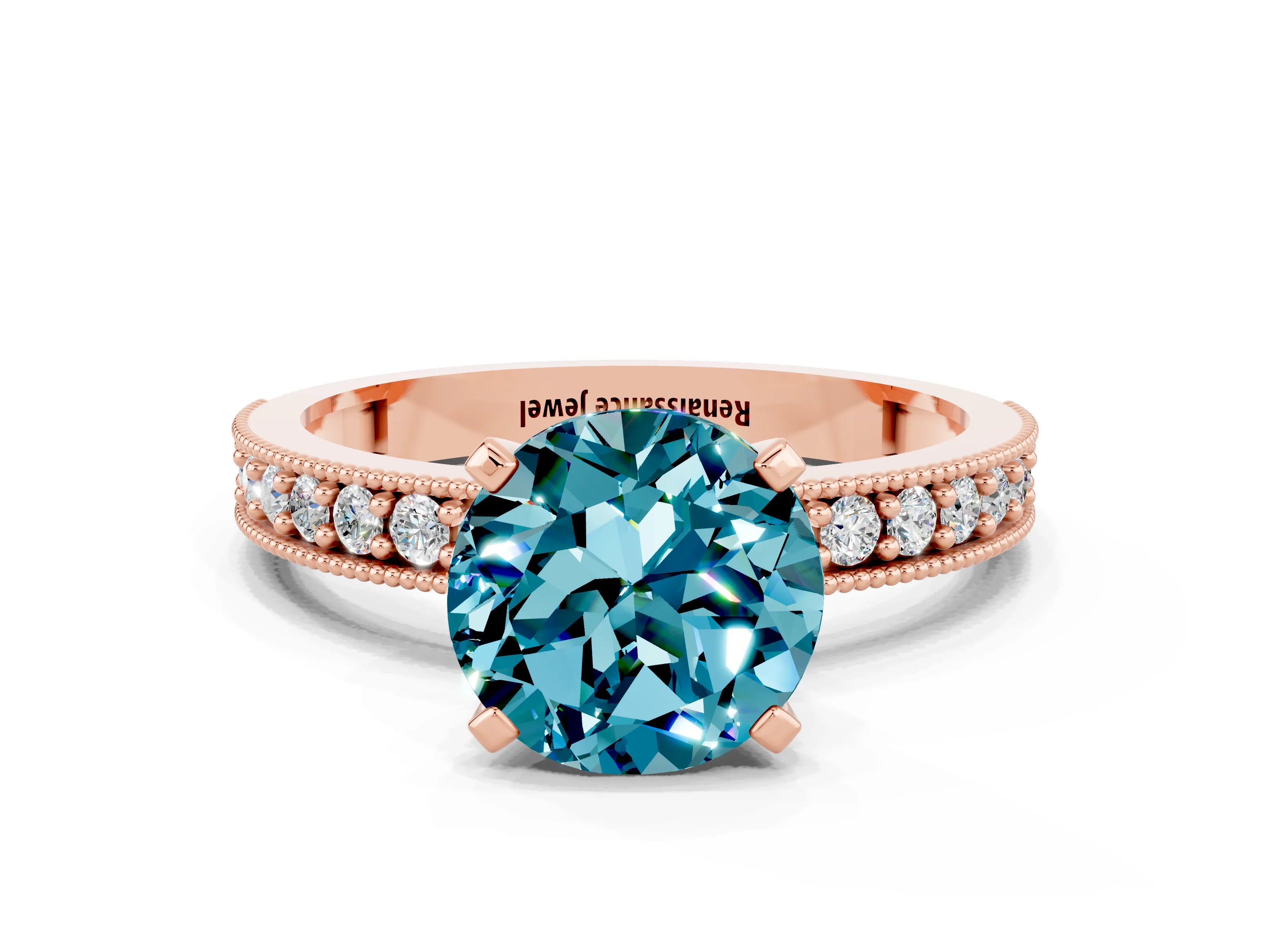 Rose gold Round Cut Blue Topaz Milgrain Pavé Engagement Ring with Four-Prong Setting