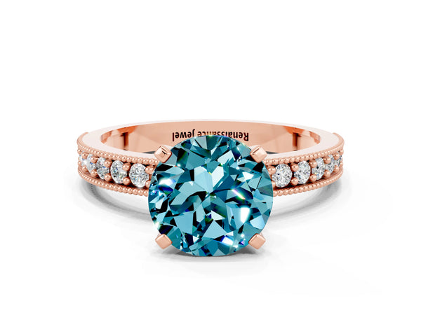 Rose gold Round Cut Blue Topaz Milgrain Pavé Engagement Ring with Four-Prong Setting