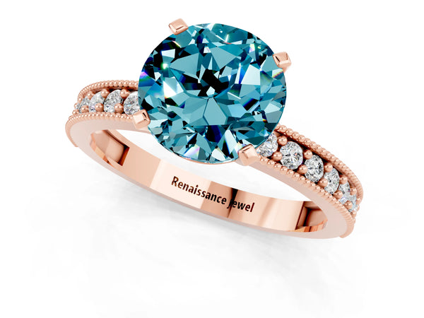 Rose gold Round Cut Blue Topaz Milgrain Pavé Engagement Ring with Four-Prong Setting