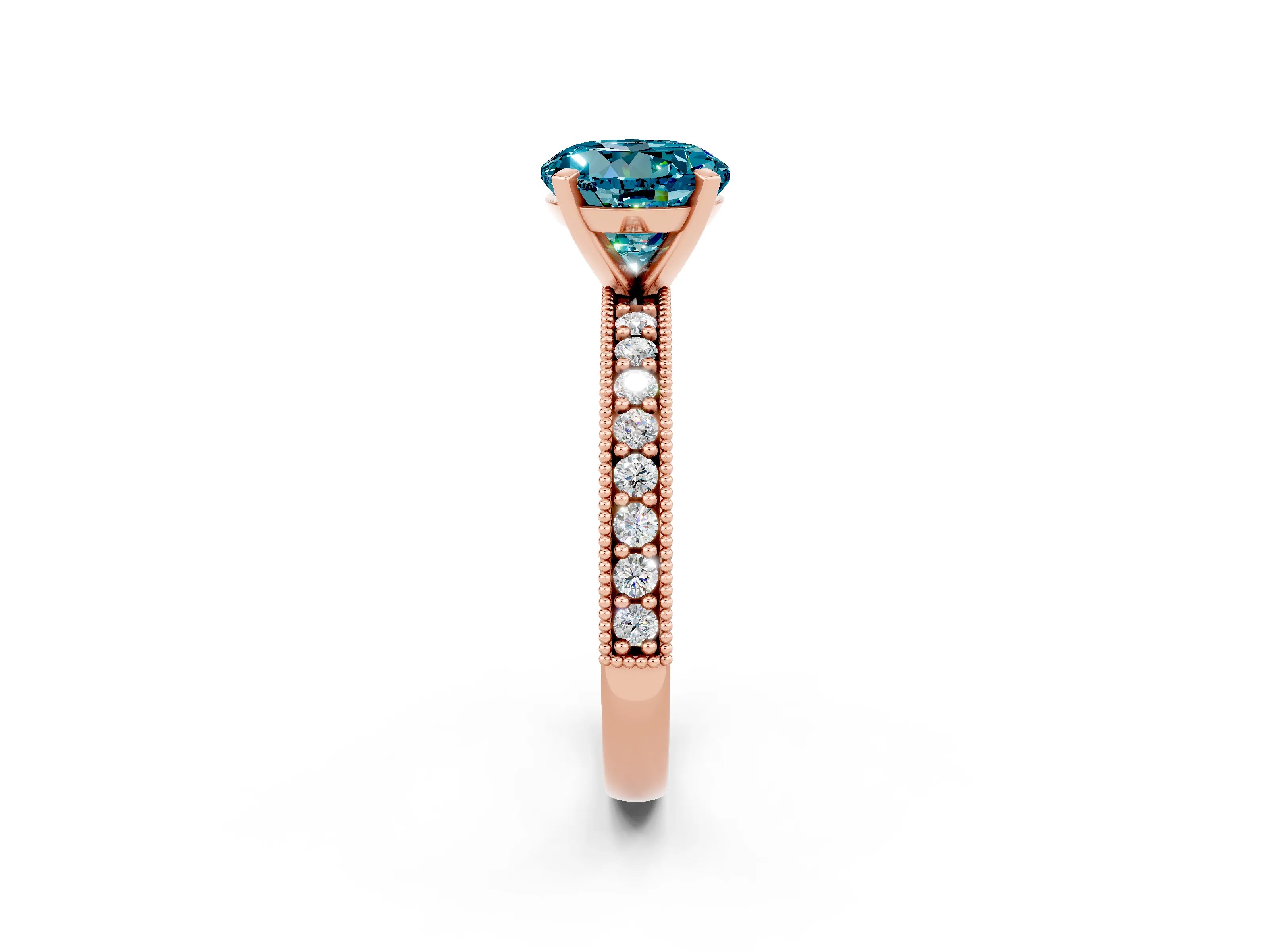 Rose gold Round Cut Blue Topaz Milgrain Pavé Engagement Ring with Four-Prong Setting_2