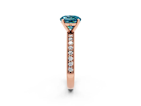 Rose gold Round Cut Blue Topaz Milgrain Pavé Engagement Ring with Four-Prong Setting