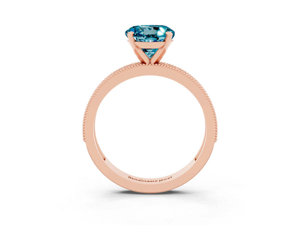 Rose gold Round Cut Blue Topaz Milgrain Pavé Engagement Ring with Four-Prong Setting