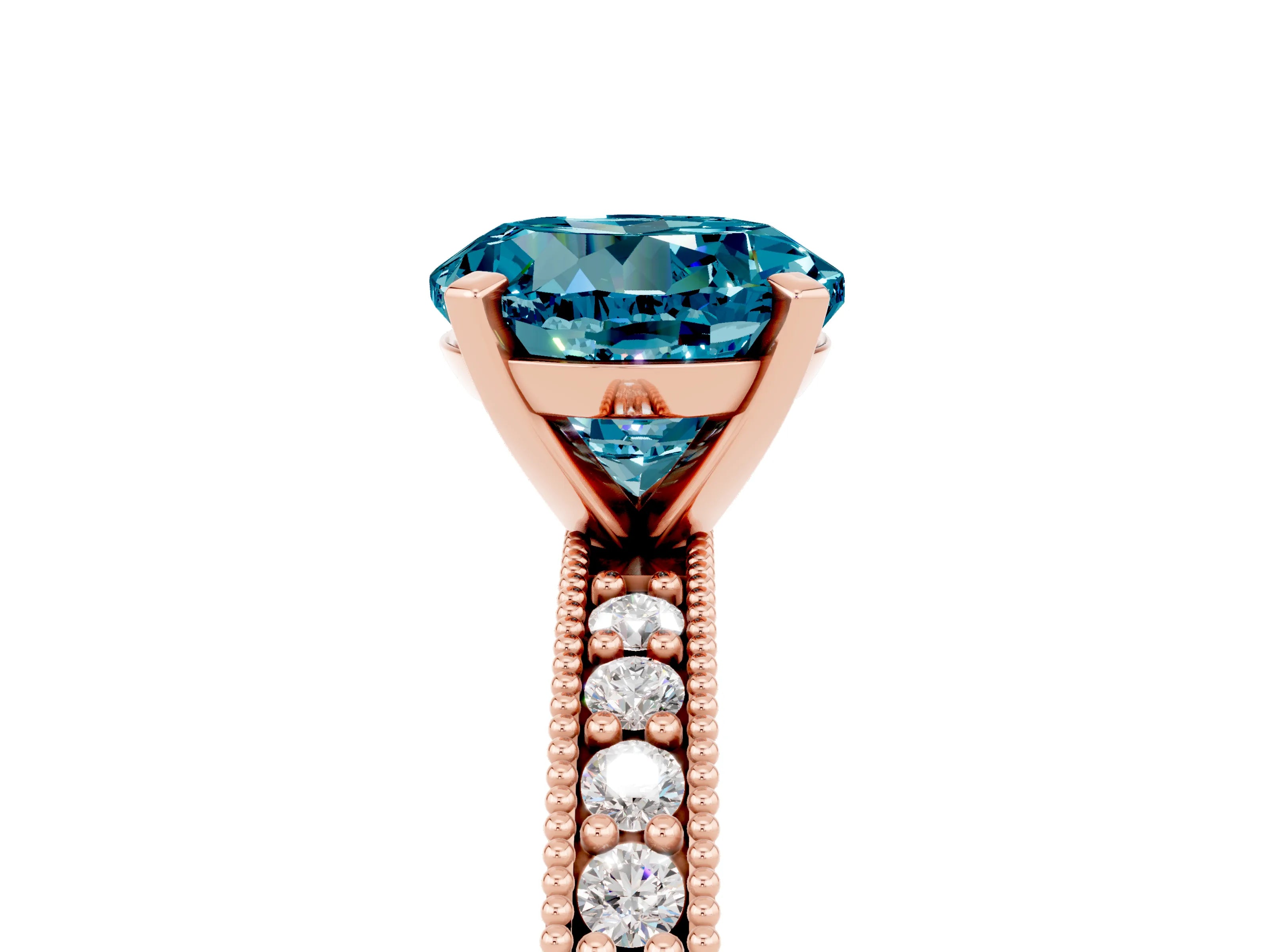 Rose gold Round Cut Blue Topaz Milgrain Pavé Engagement Ring with Four-Prong Setting_5