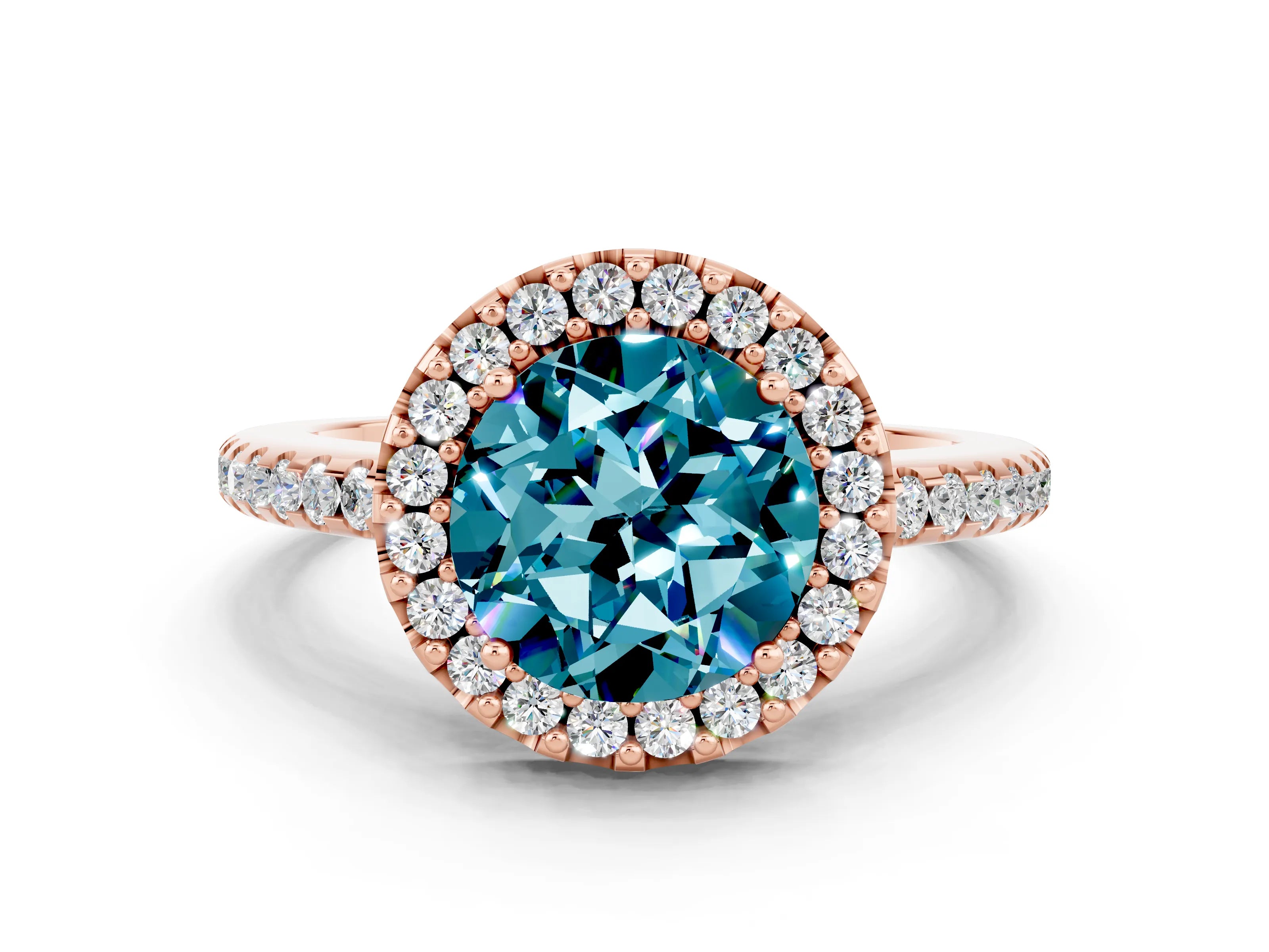 Rose gold Round Cut Blue Topaz Pavé Halo Ring with Four-Prong Setting_12