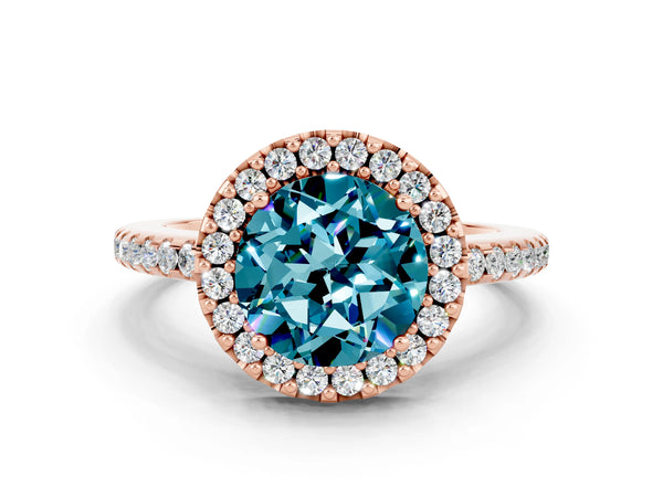 Rose gold Round Cut Blue Topaz Pavé Halo Ring with Four-Prong Setting