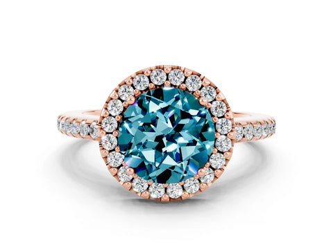 Rose gold Round Cut Blue Topaz Pavé Halo Ring with Four-Prong Setting_12