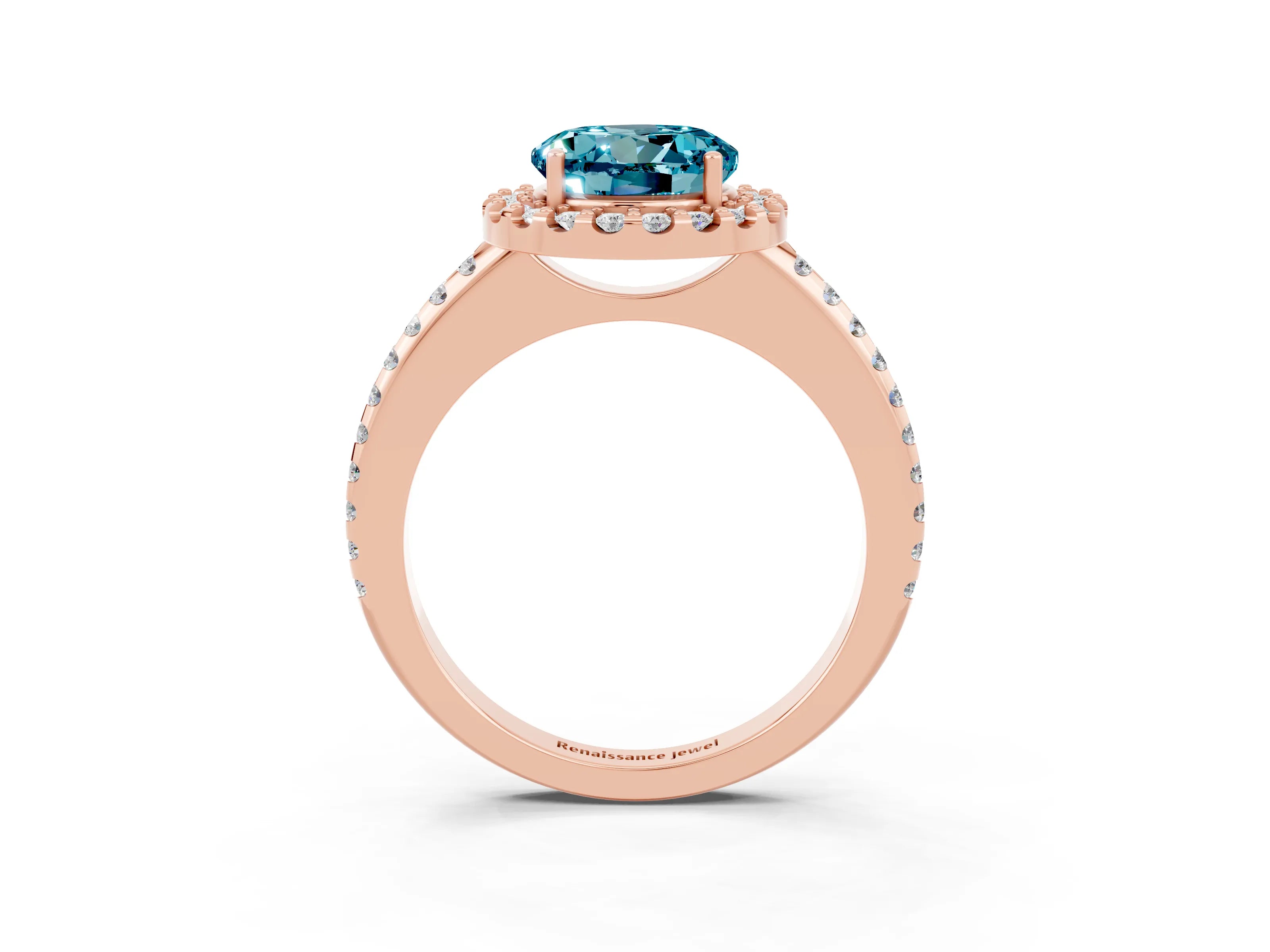 Rose gold Round Cut Blue Topaz Pavé Halo Ring with Four-Prong Setting_15