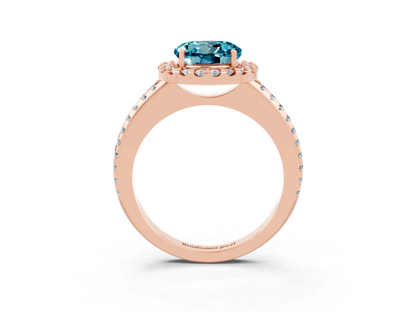 Rose gold Round Cut Blue Topaz Pavé Halo Ring with Four-Prong Setting