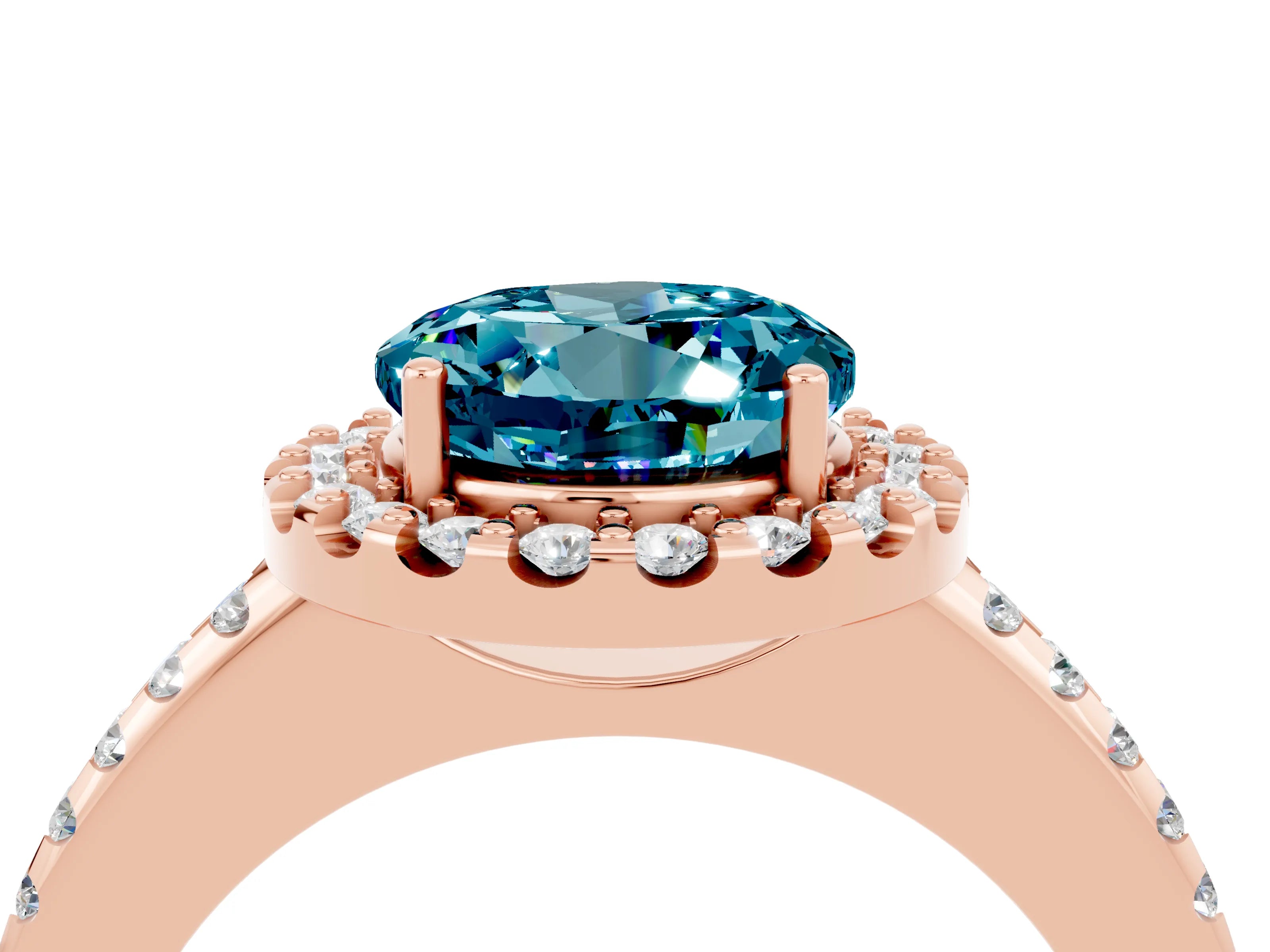 Rose gold Round Cut Blue Topaz Pavé Halo Ring with Four-Prong Setting_16