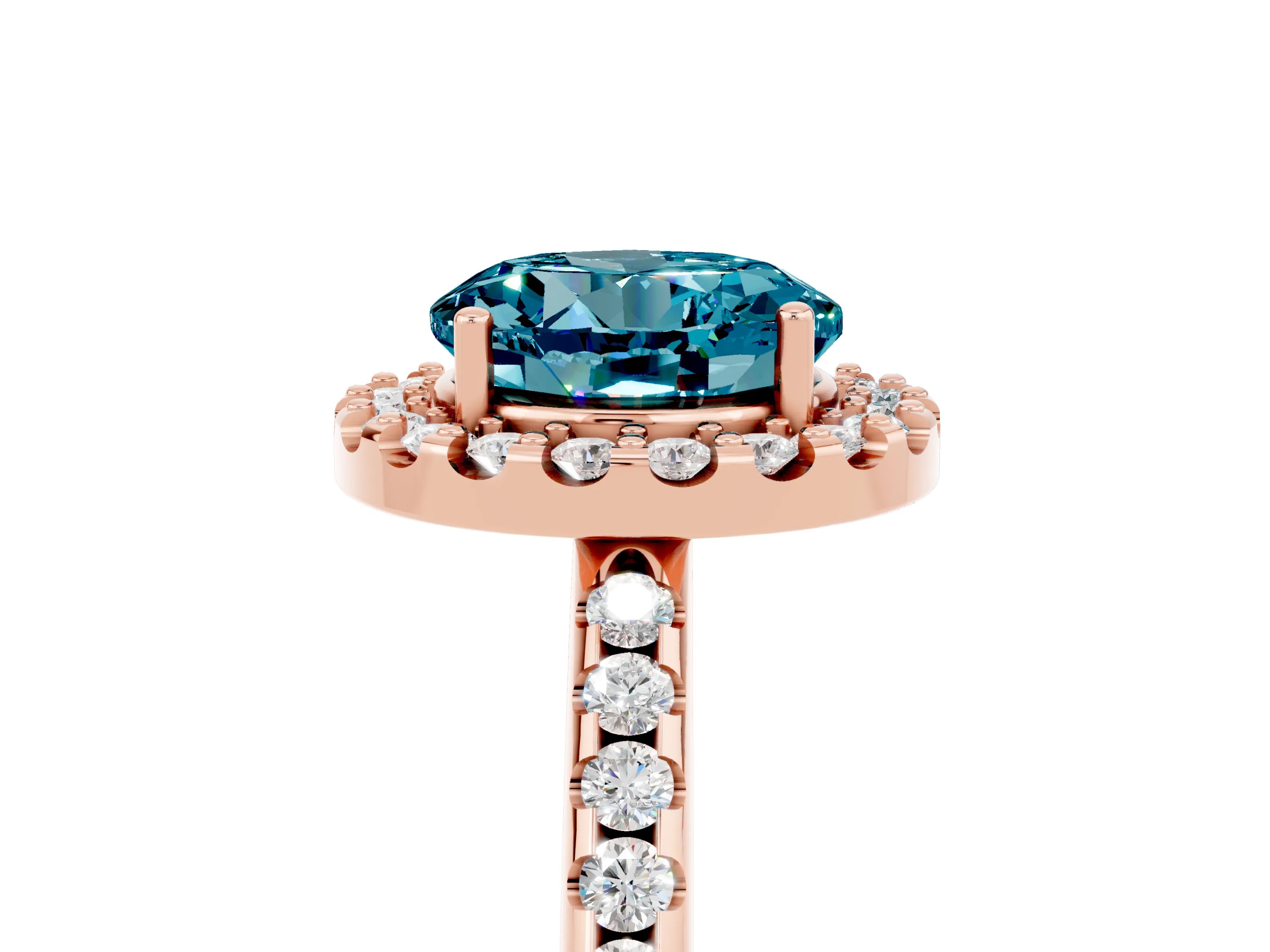 Rose gold Round Cut Blue Topaz Pavé Halo Ring with Four-Prong Setting_17