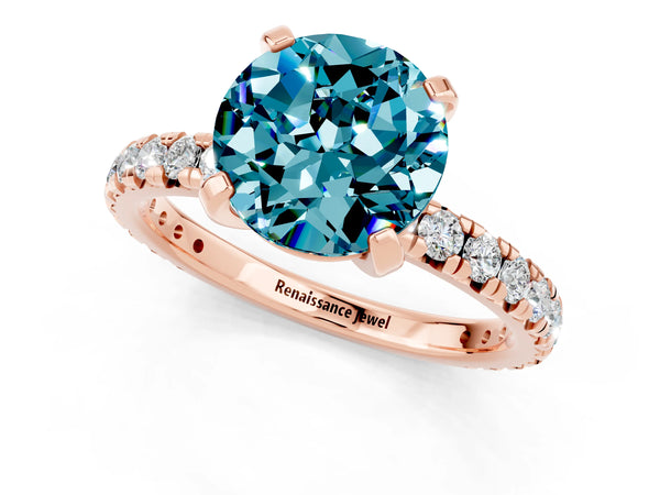 Rose gold Round Cut Blue Topaz Pavé Solitaire Ring with Round Band and Prong Setting