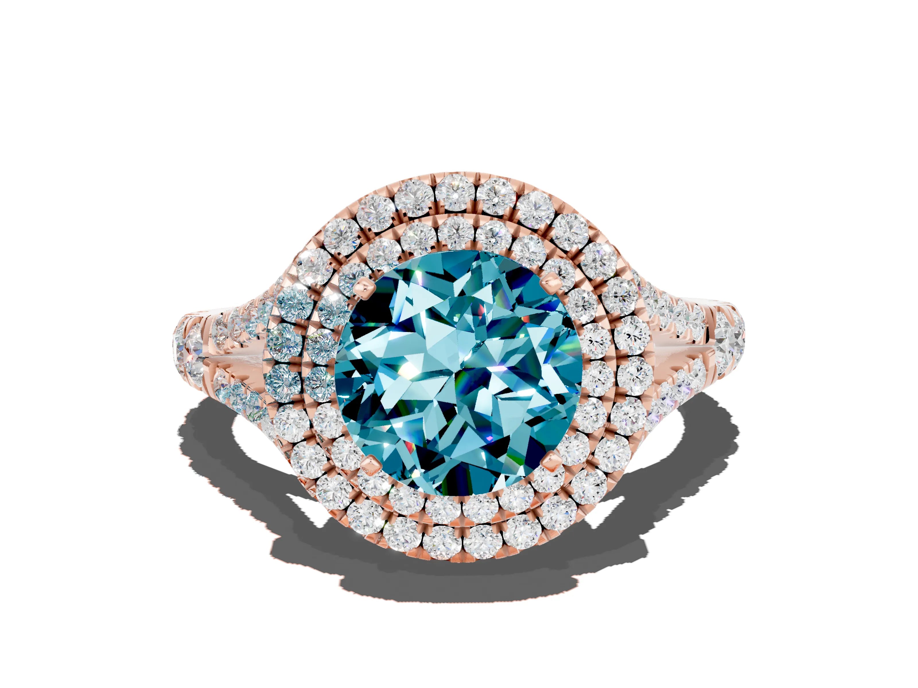 Rose gold Round Cut Blue Topaz Pavé Split Shank Double Halo Engagement Ring