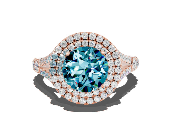 Rose gold Round Cut Blue Topaz Pavé Split Shank Double Halo Engagement Ring