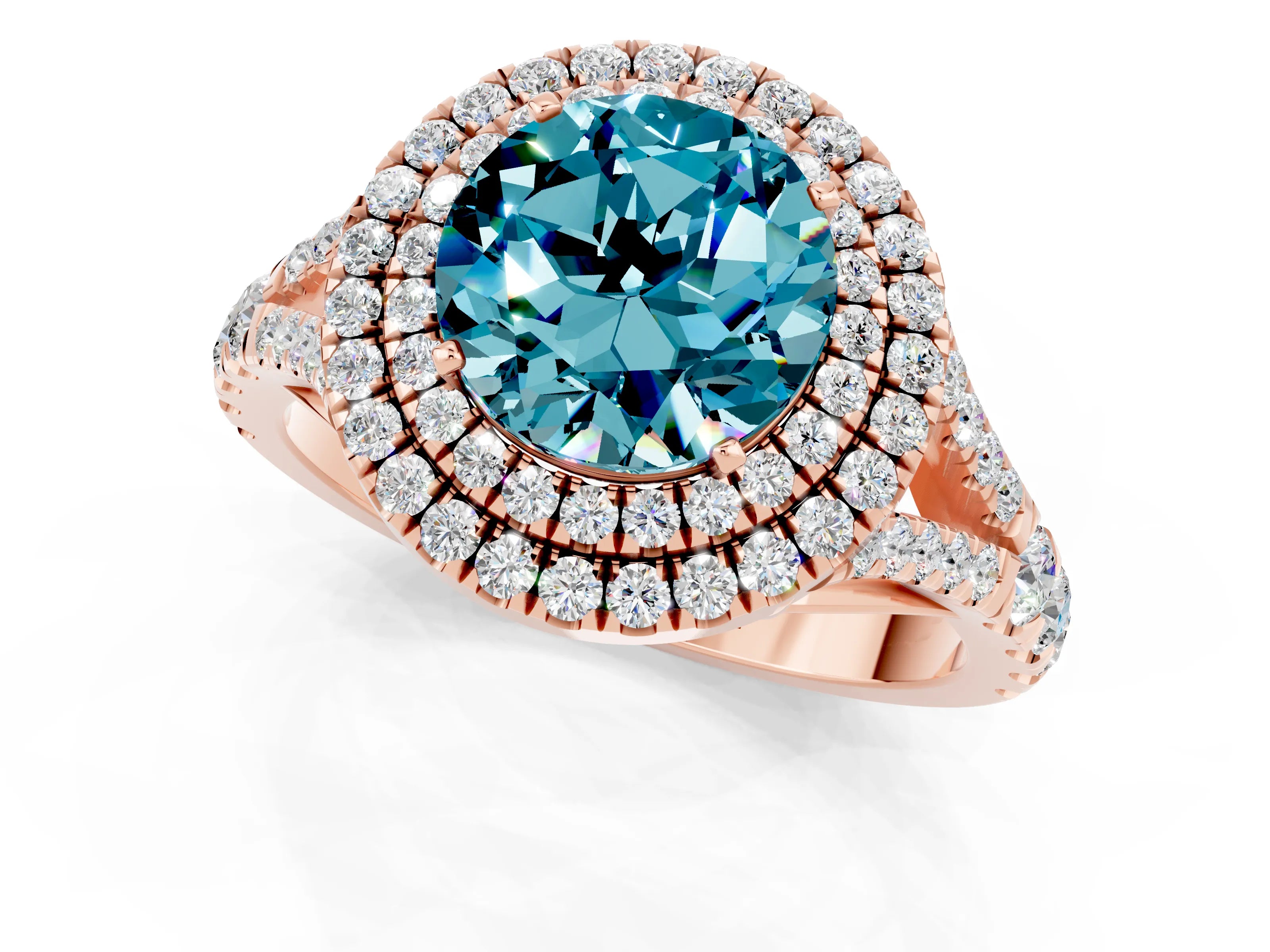 Rose gold Round Cut Blue Topaz Pavé Split Shank Double Halo Engagement Ring_1