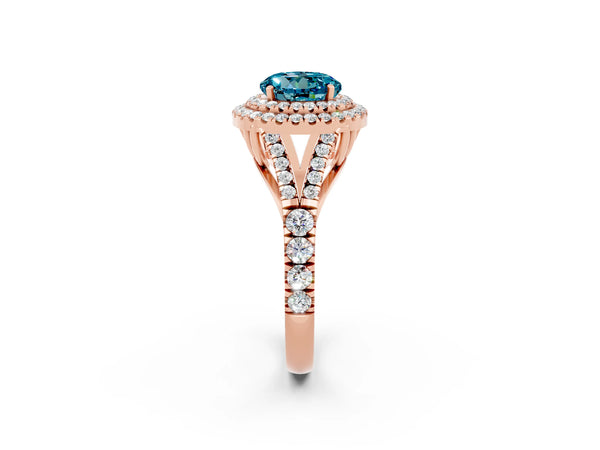 Rose gold Round Cut Blue Topaz Pavé Split Shank Double Halo Engagement Ring