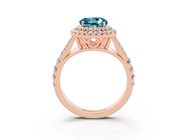 Rose gold Round Cut Blue Topaz Pavé Split Shank Double Halo Engagement Ring