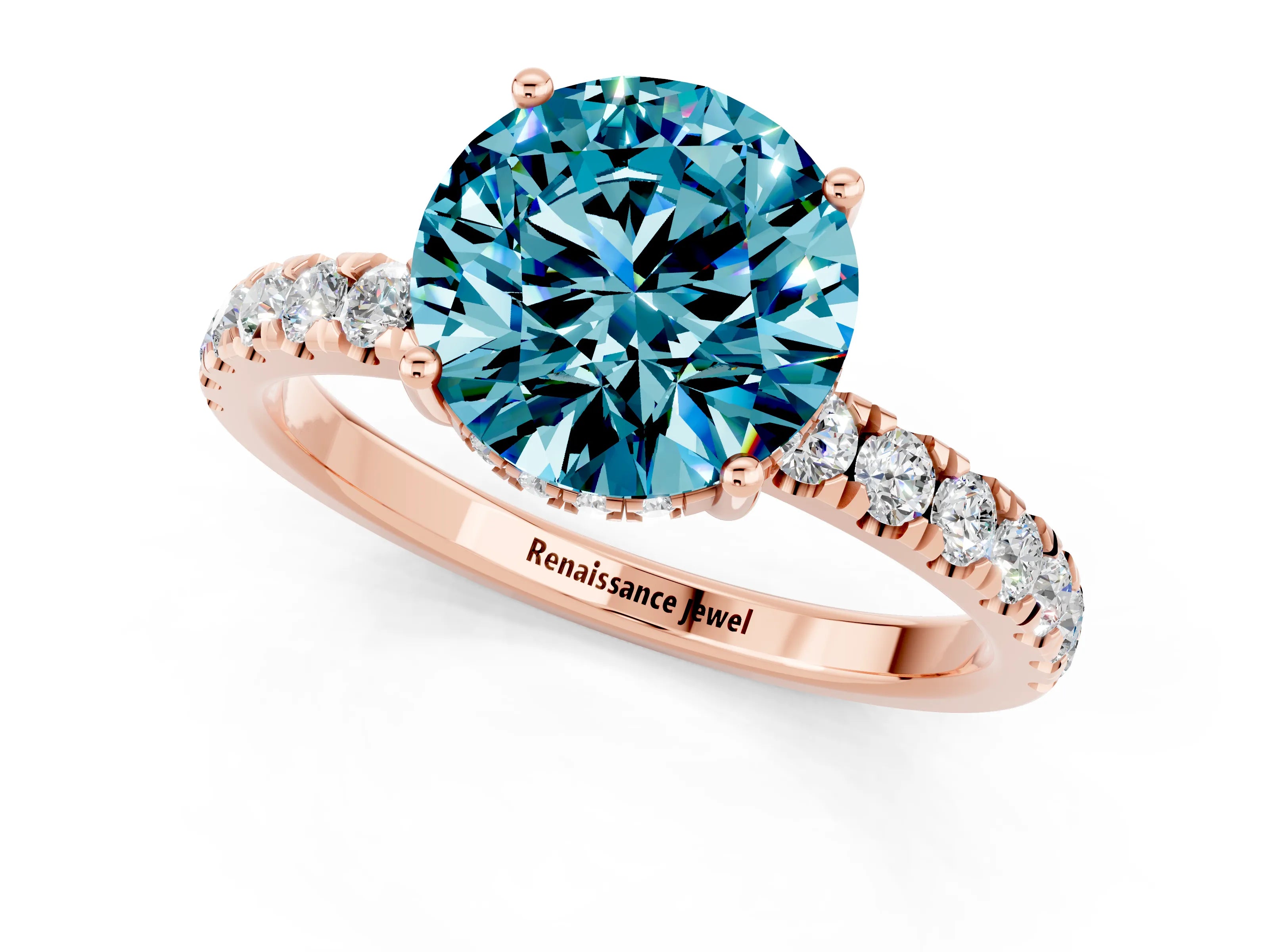 Rose gold Round Cut Blue Topaz Pave Band Solitaire Ring with Four-Prong Setting_37