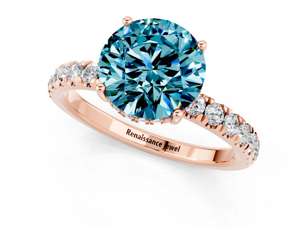 Rose gold Round Cut Blue Topaz Pave Band Solitaire Ring with Round  and Prong Setting