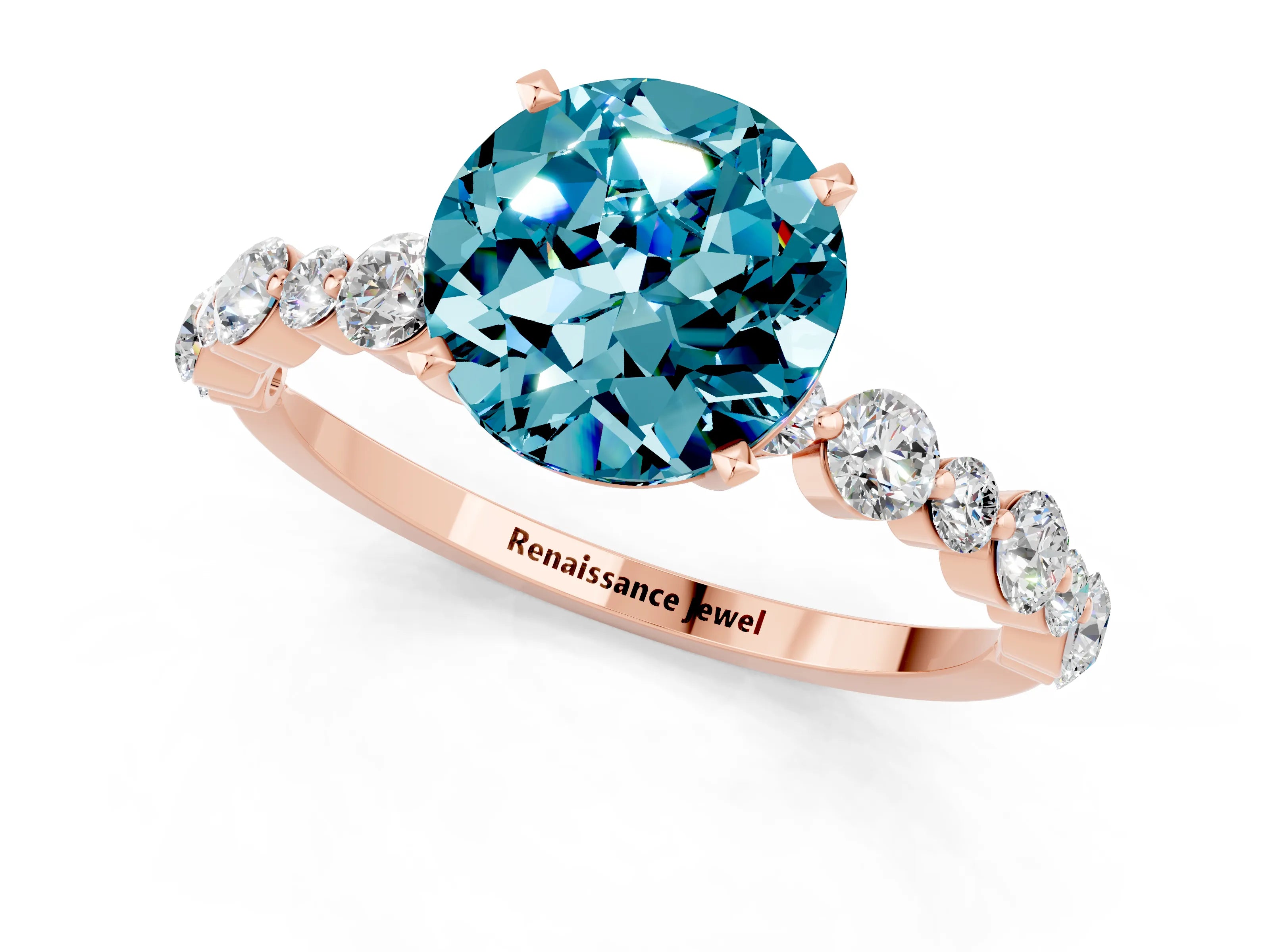 Rose gold Round Cut Blue Topaz Prong Set Engagement Ring with Pavé Band_1