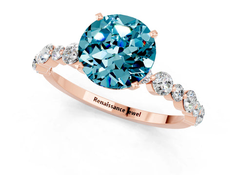 Rose gold Round Cut Blue Topaz Prong Set Engagement Ring with Pavé Band_1