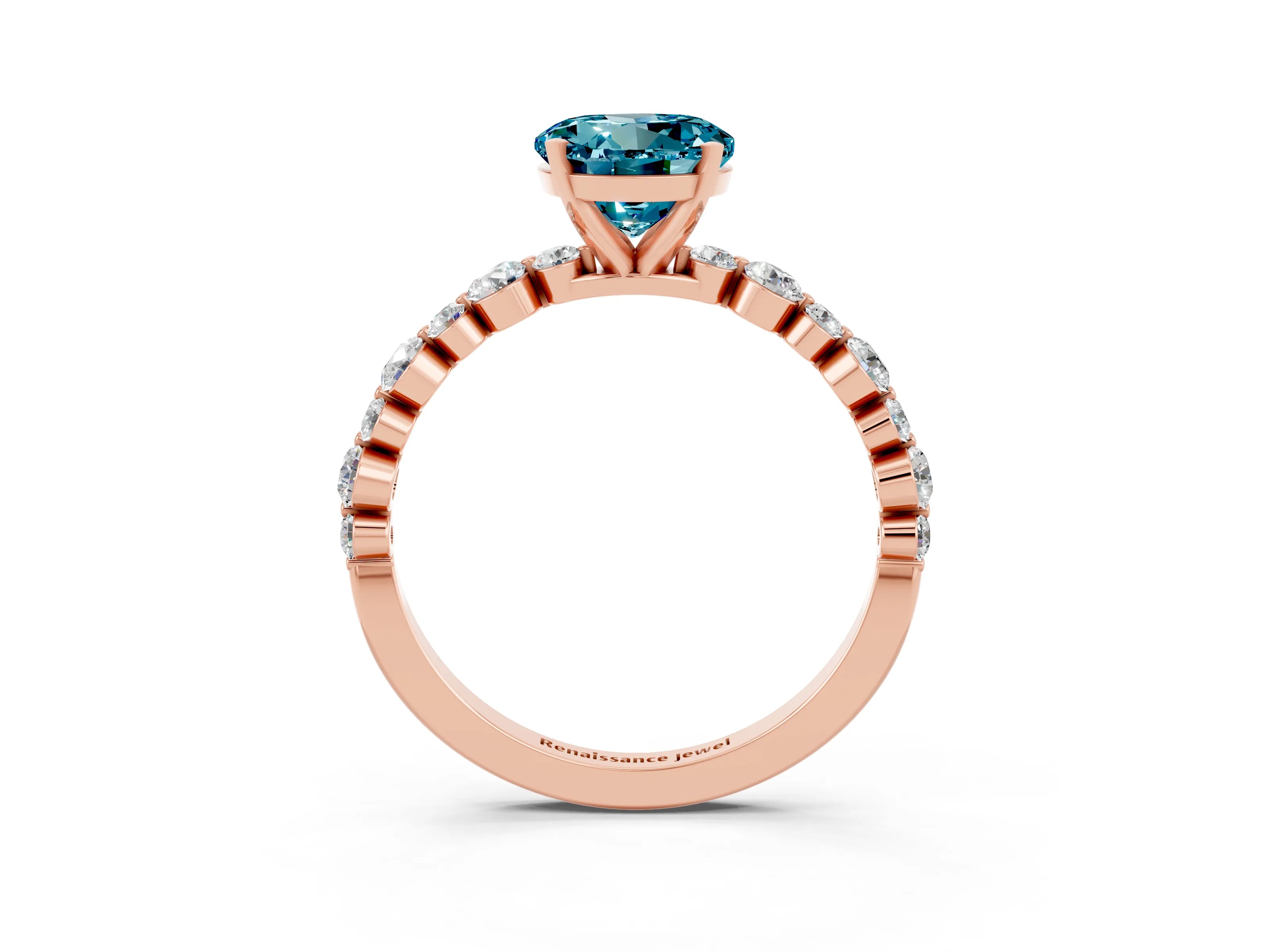 Rose gold Round Cut Blue Topaz Prong Set Engagement Ring with Pavé Band_3