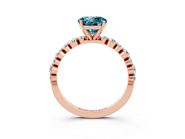 Rose gold Round Cut Blue Topaz Prong Set Engagement Ring with Pavé Band