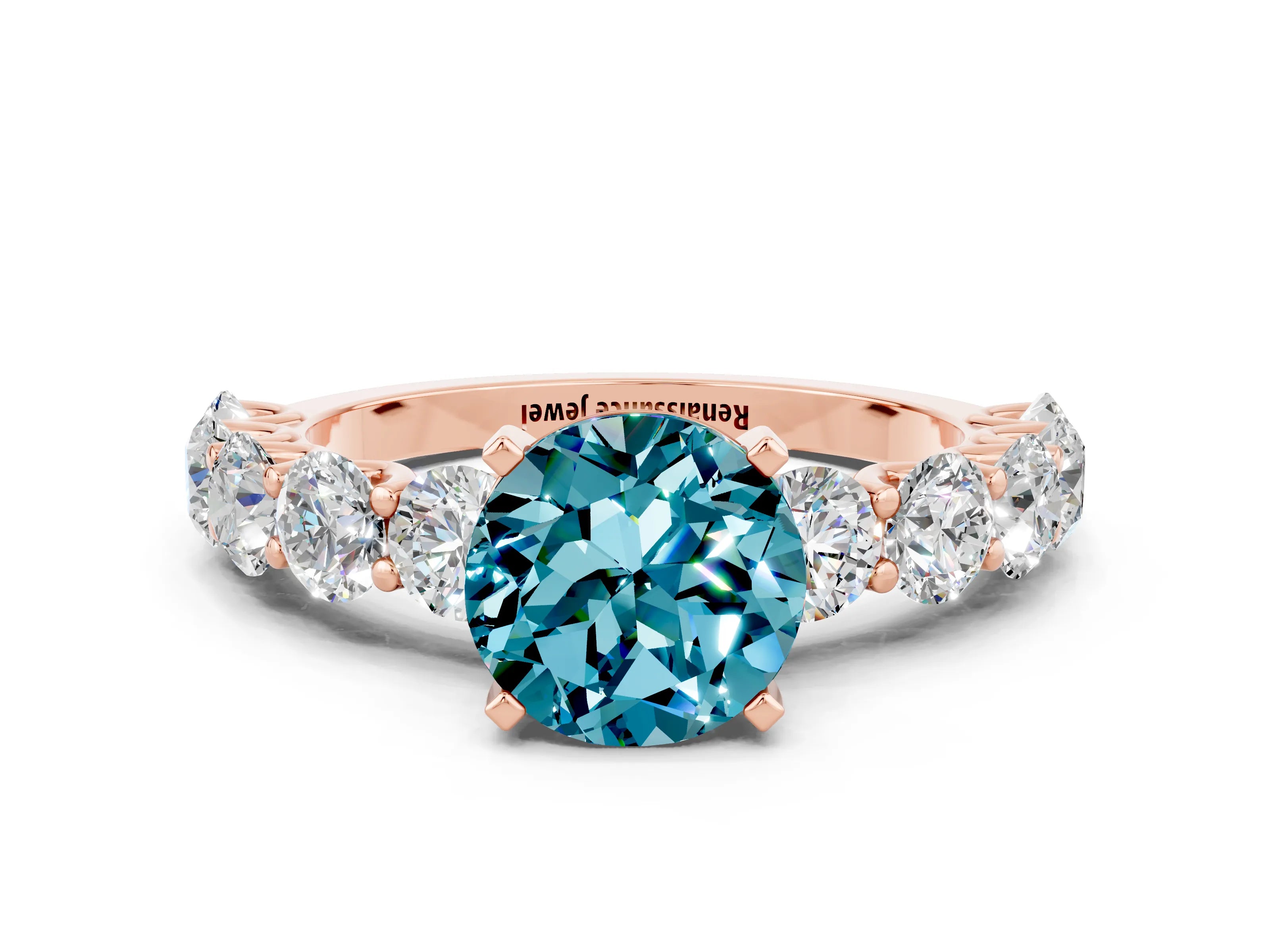 Rose gold Round Cut Blue Topaz Prong Setting with Side Stones on a Pave Band