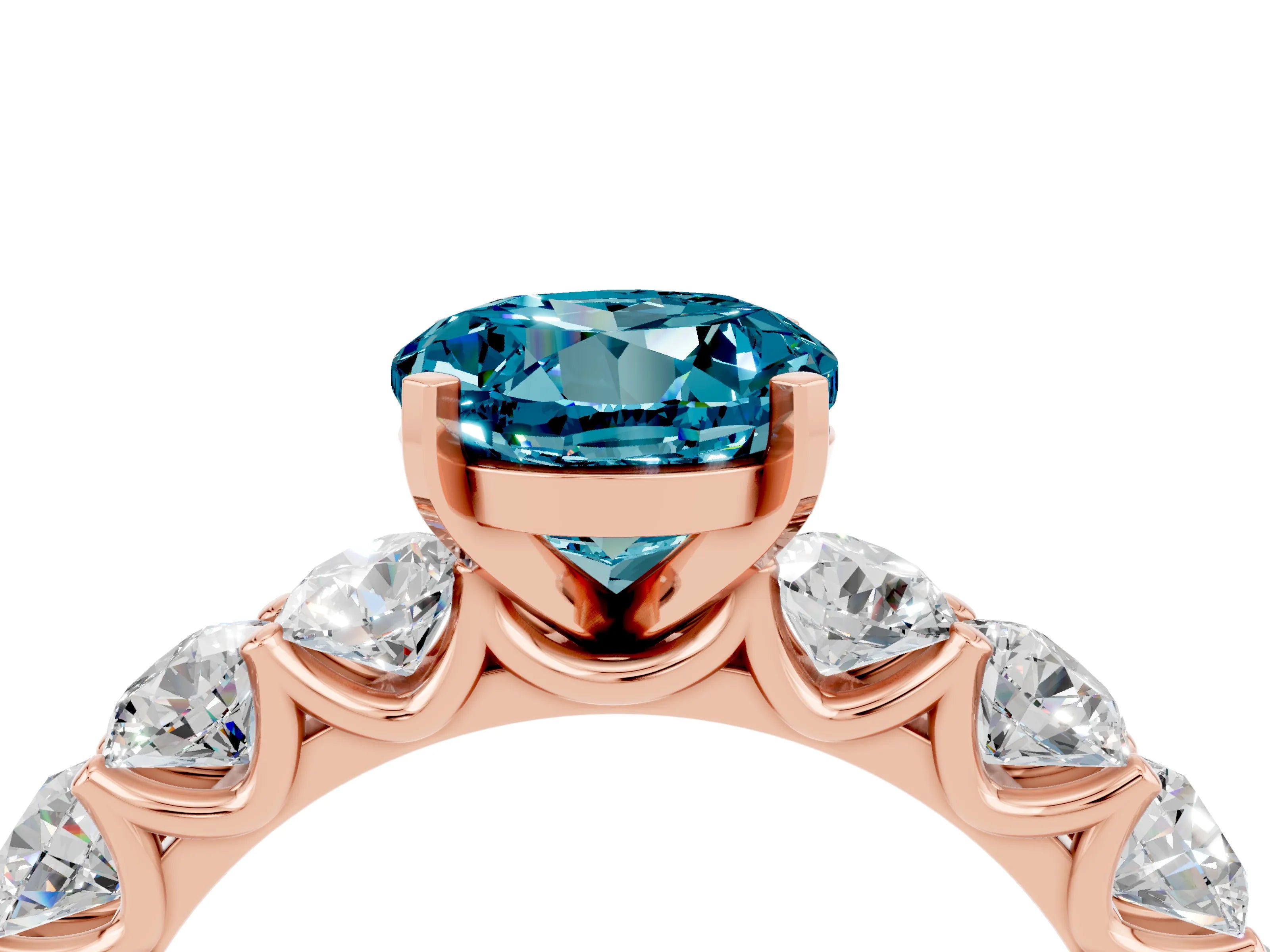 Rose gold Round Cut Blue Topaz Prong Setting with Side Stones on a Pave Band_4