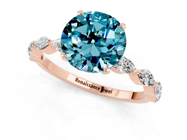 Rose gold Round Cut Blue Topaz Ring with Marquise Side Stones and Prong Setting