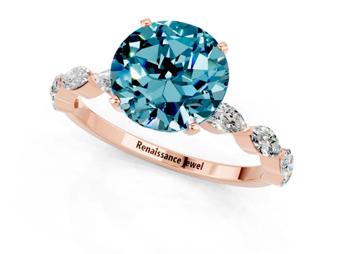 Rose gold Round Cut Blue Topaz Ring with Marquise Side Stones and Prong Setting_1