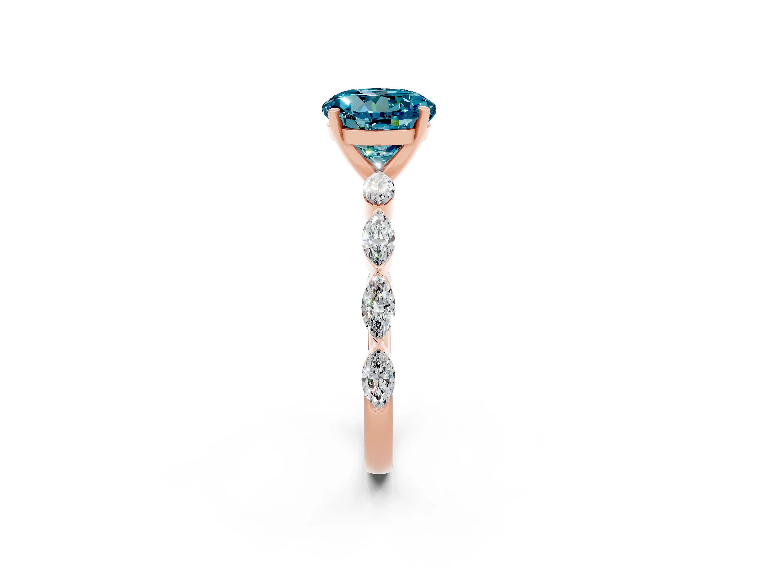 Rose gold Round Cut Blue Topaz Ring with Marquise Side Stones and Prong Setting_2