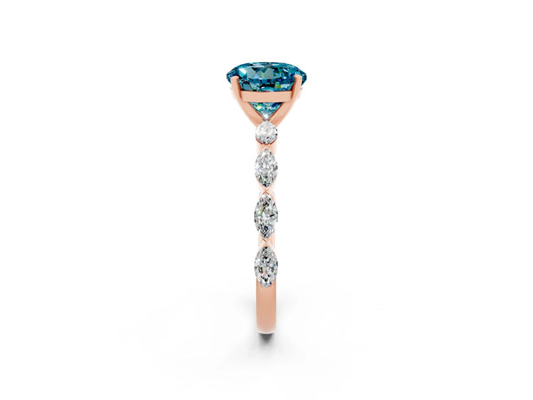 Rose gold Round Cut Blue Topaz Ring with Marquise Side Stones and Prong Setting