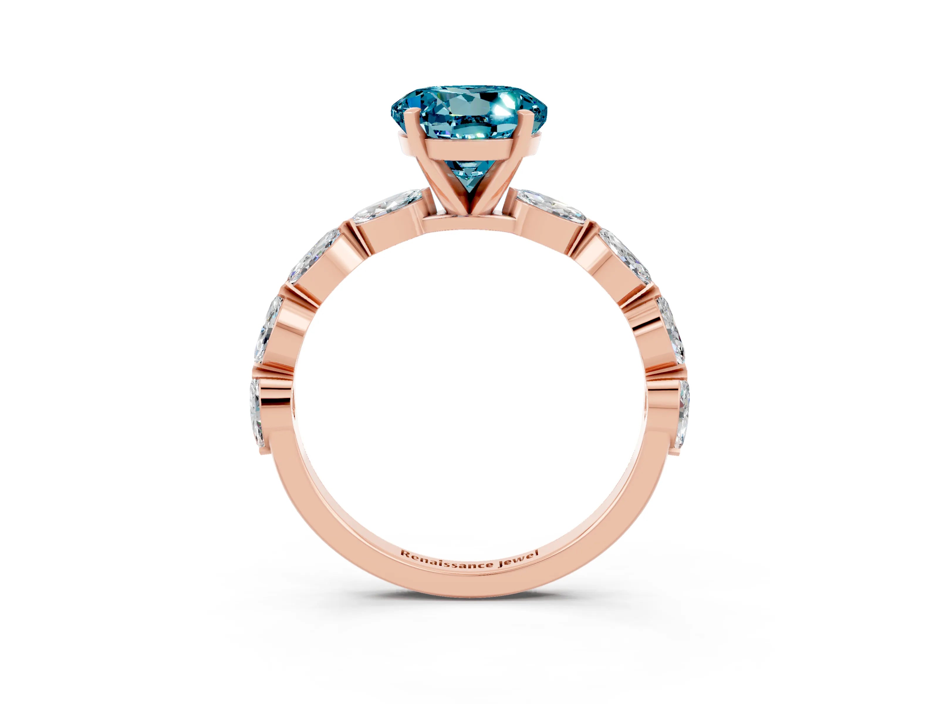 Rose gold Round Cut Blue Topaz Ring with Marquise Side Stones and Prong Setting_3