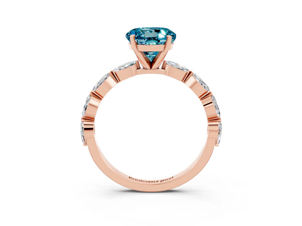 Rose gold Round Cut Blue Topaz Ring with Marquise Side Stones and Prong Setting