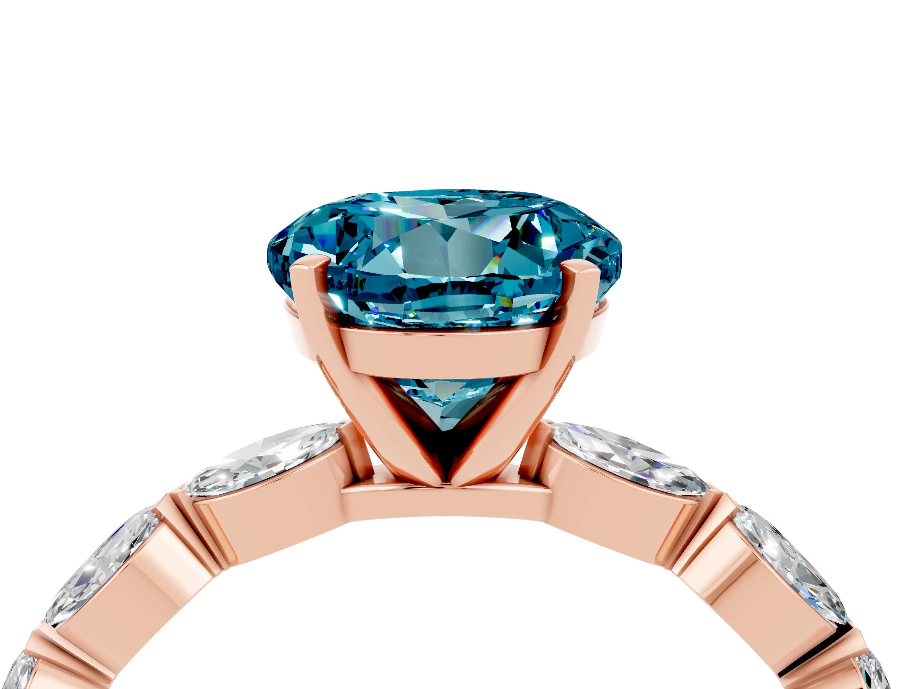 Rose gold Round Cut Blue Topaz Ring with Marquise Side Stones and Prong Setting_4