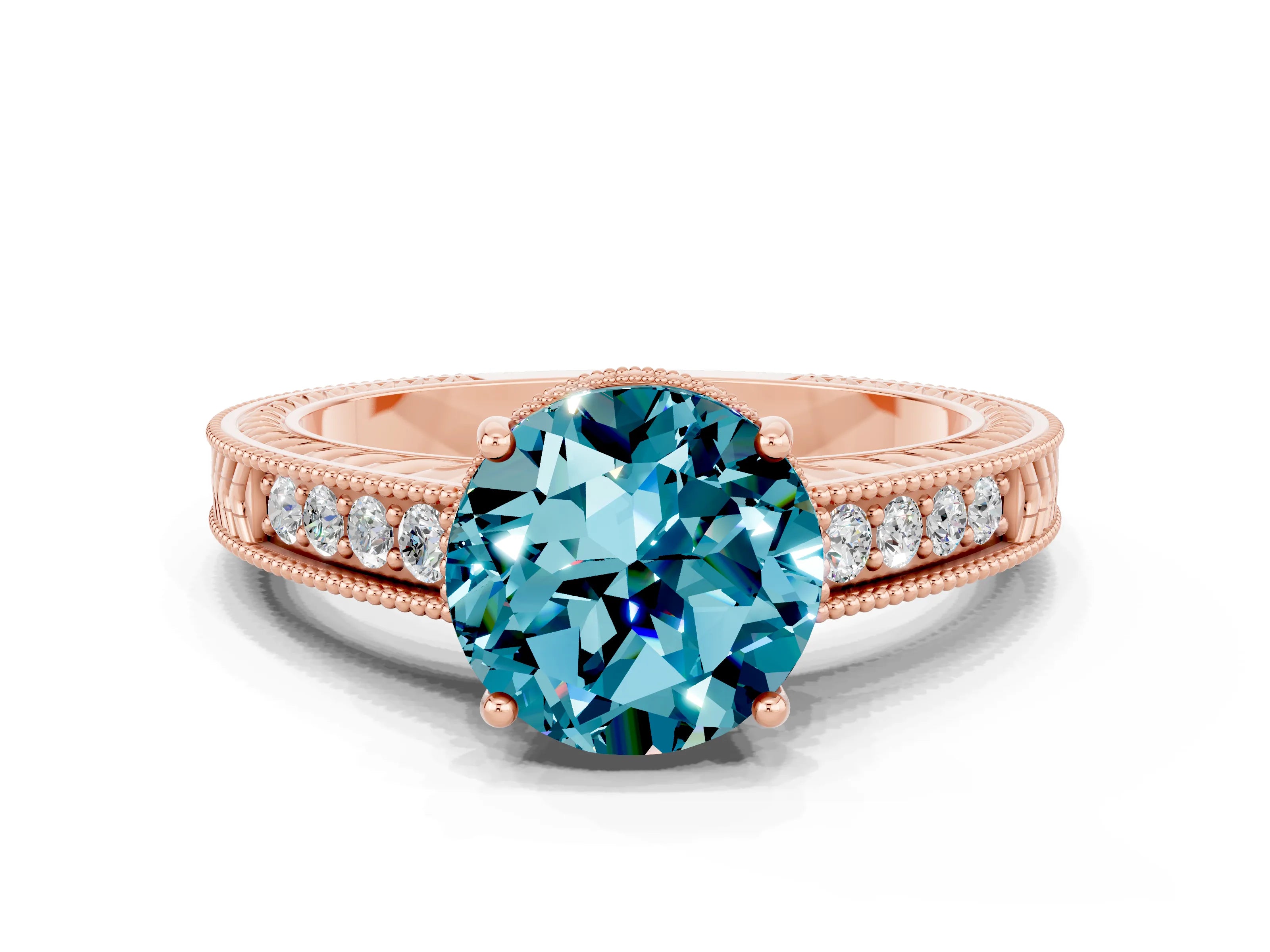 Rose gold Round Cut Blue Topaz Ring with Milgrain Pavé Band and Four-Prong Setting_12