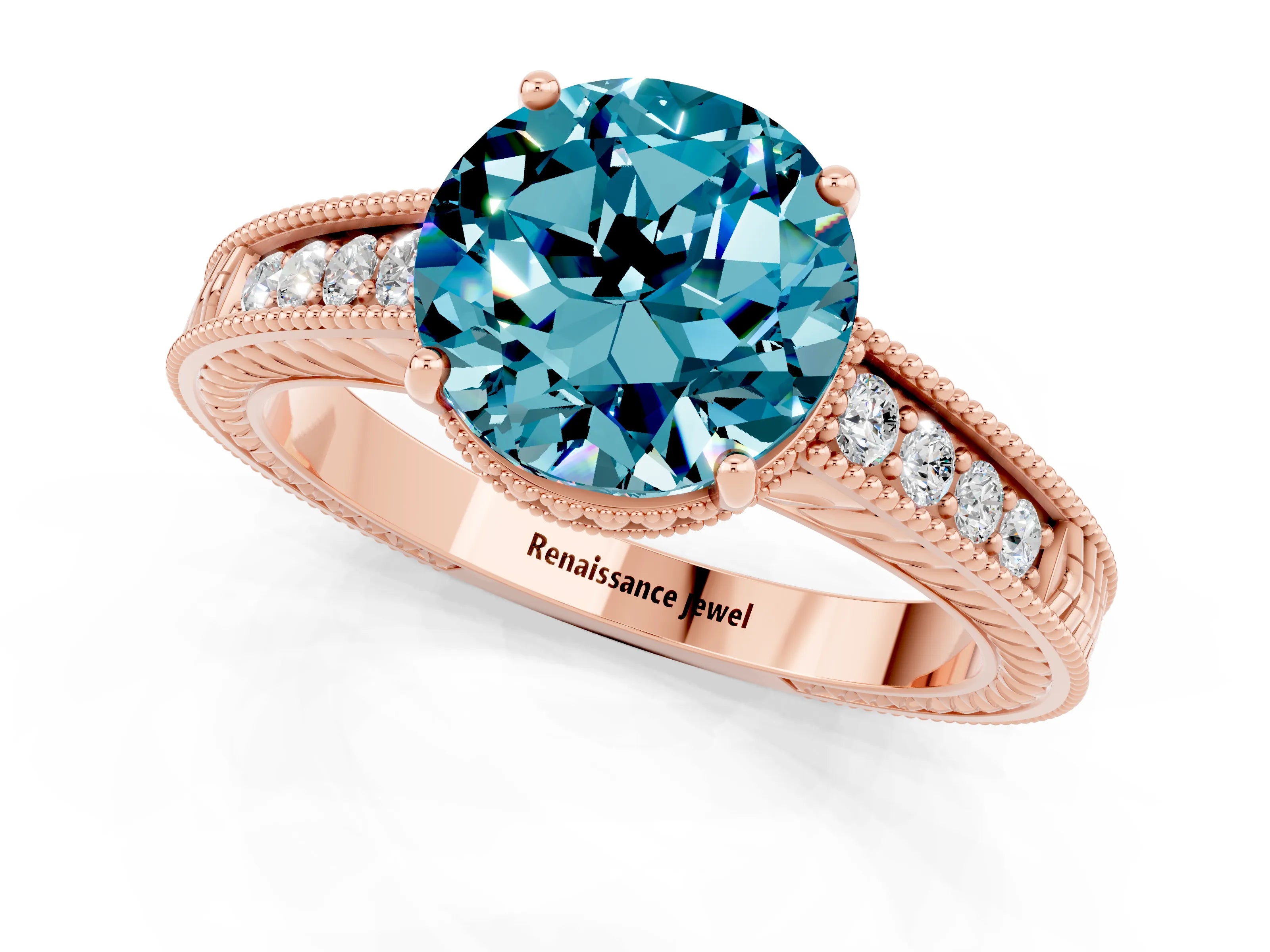Rose gold Round Cut Blue Topaz Ring with Milgrain Pavé Band and Four-Prong Setting_13