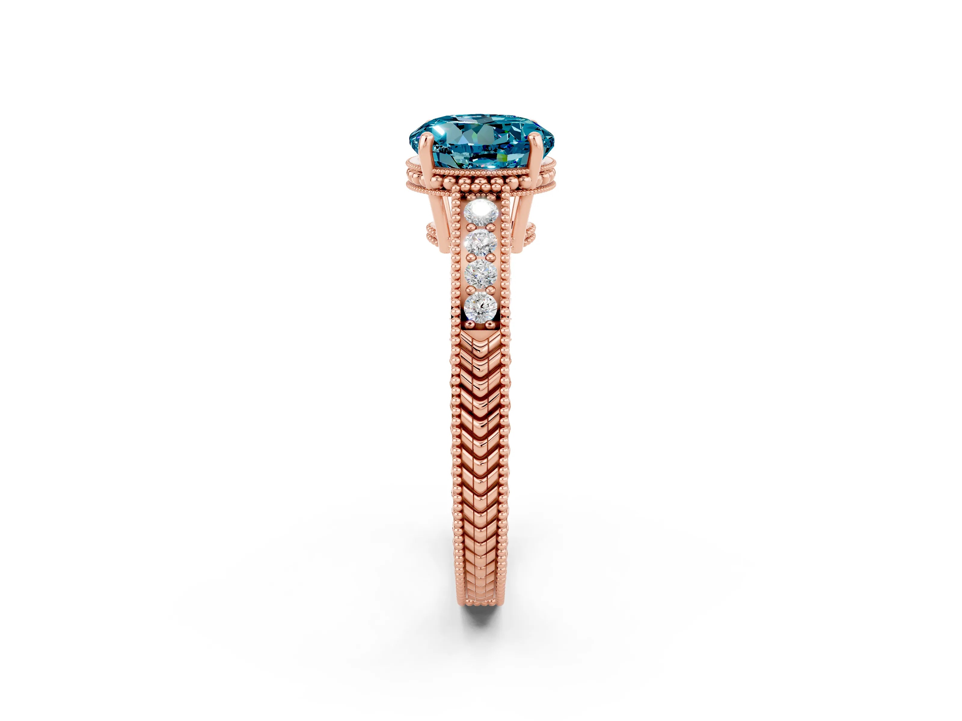 Rose gold Round Cut Blue Topaz Ring with Milgrain Pavé Band and Four-Prong Setting_14