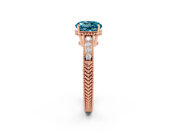 Rose gold Round Cut Blue Topaz Ring with Milgrain Pavé Band and Four-Prong Setting