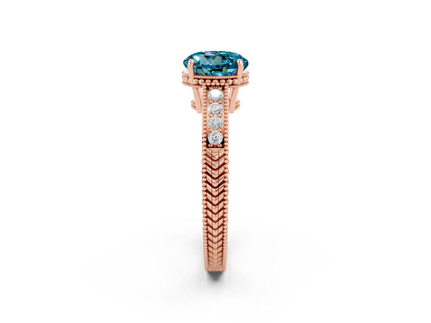 Rose gold Round Cut Blue Topaz Ring with Milgrain Pavé Band and Four-Prong Setting_14