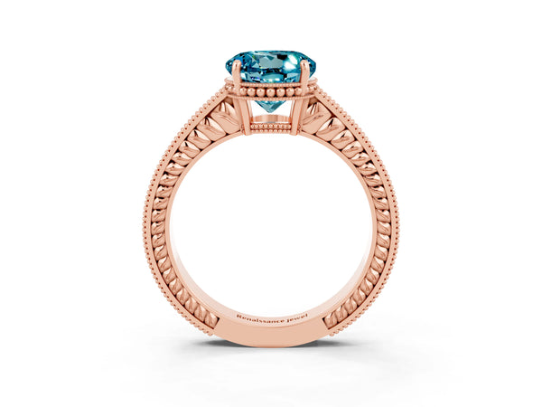 Rose gold Round Cut Blue Topaz Ring with Milgrain Pavé Band and Four-Prong Setting