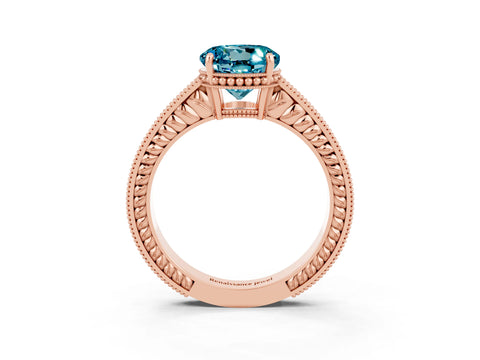 Rose gold Round Cut Blue Topaz Ring with Milgrain Pavé Band and Four-Prong Setting_15