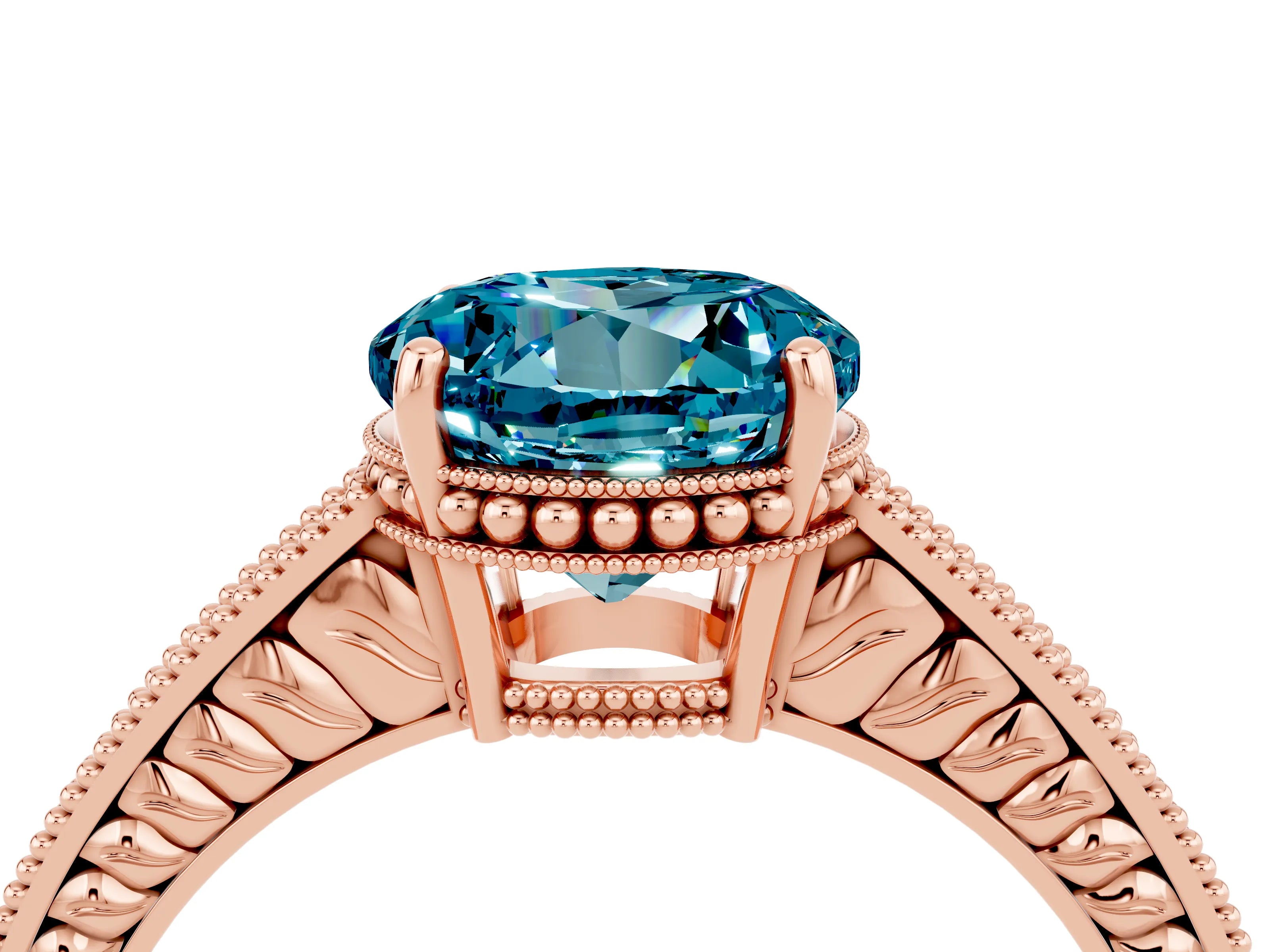 Rose gold Round Cut Blue Topaz Ring with Milgrain Pavé Band and Four-Prong Setting_16