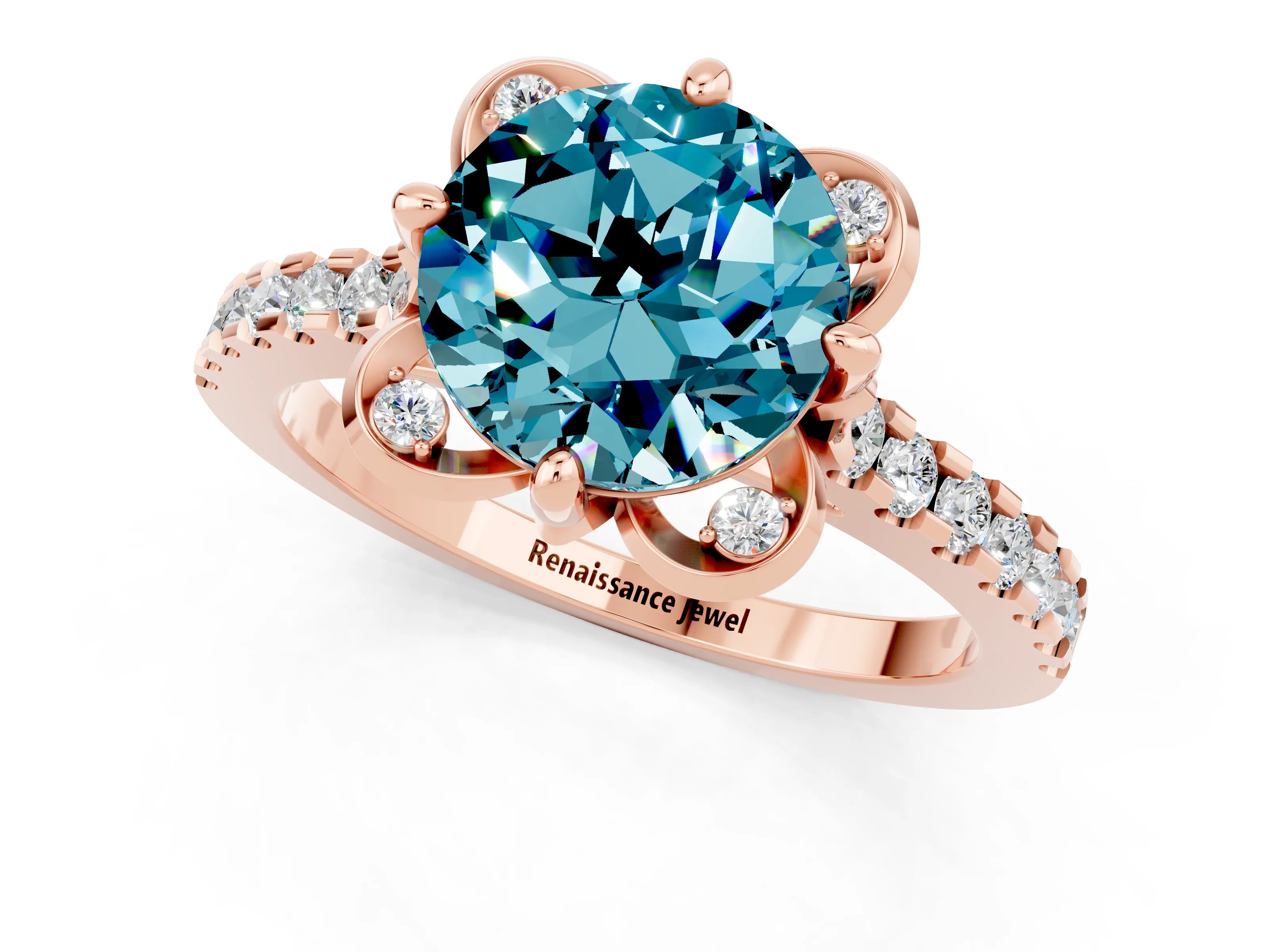 Rose gold Round Cut Blue Topaz Ring with Pavé Band and Floral Prong Setting_1
