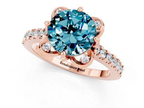 Rose gold Round Cut Blue Topaz Ring with Pavé Band and Floral Prong Setting_1