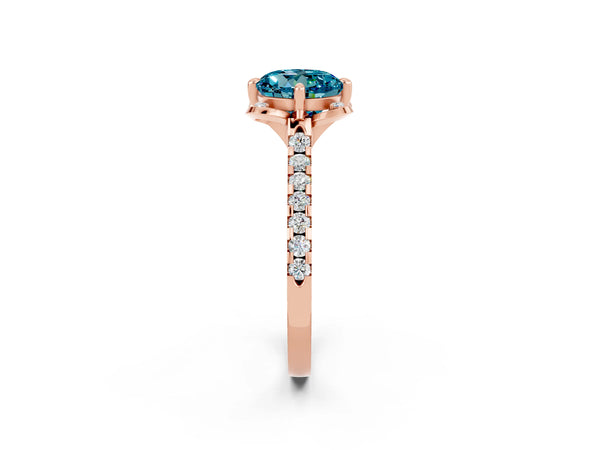 Rose gold Round Cut Blue Topaz Ring with Pavé Band and Floral Prong Setting
