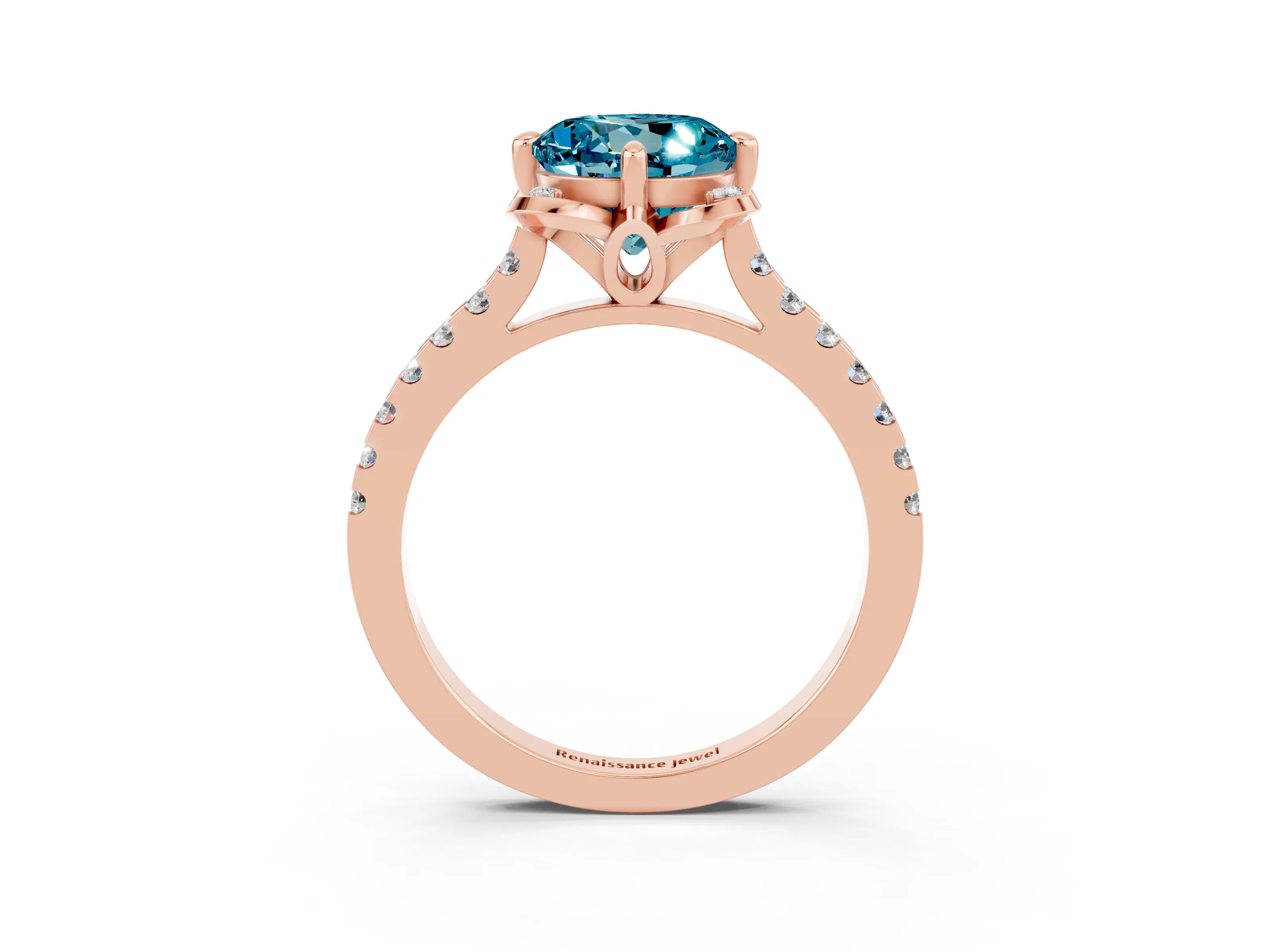 Rose gold Round Cut Blue Topaz Ring with Pavé Band and Floral Prong Setting_3