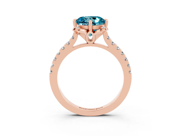 Rose gold Round Cut Blue Topaz Ring with Pavé Band and Floral Prong Setting