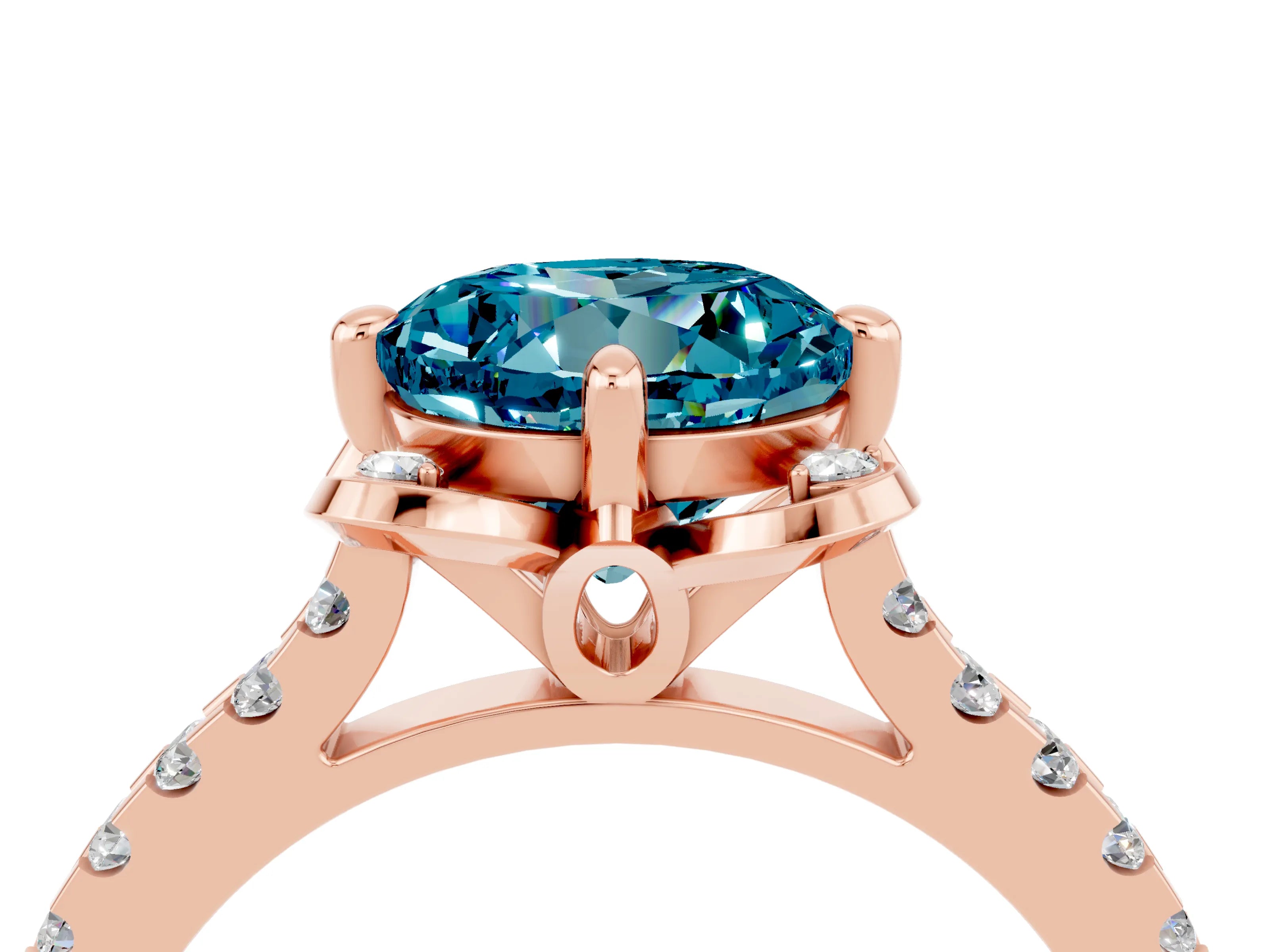 Rose gold Round Cut Blue Topaz Ring with Pavé Band and Floral Prong Setting_4