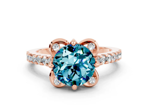 Rose gold Round Cut Blue Topaz Ring with Pavé Band and Floral Prong Setting